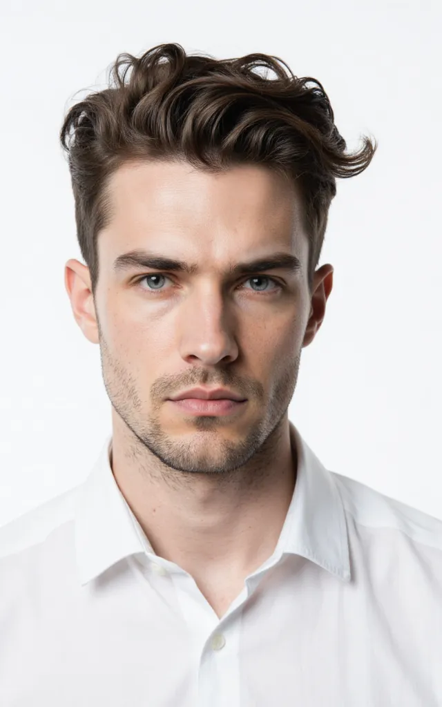 A French male model with Hairspray, wearing a shirt, against a white background, in a front   facing bust portrait